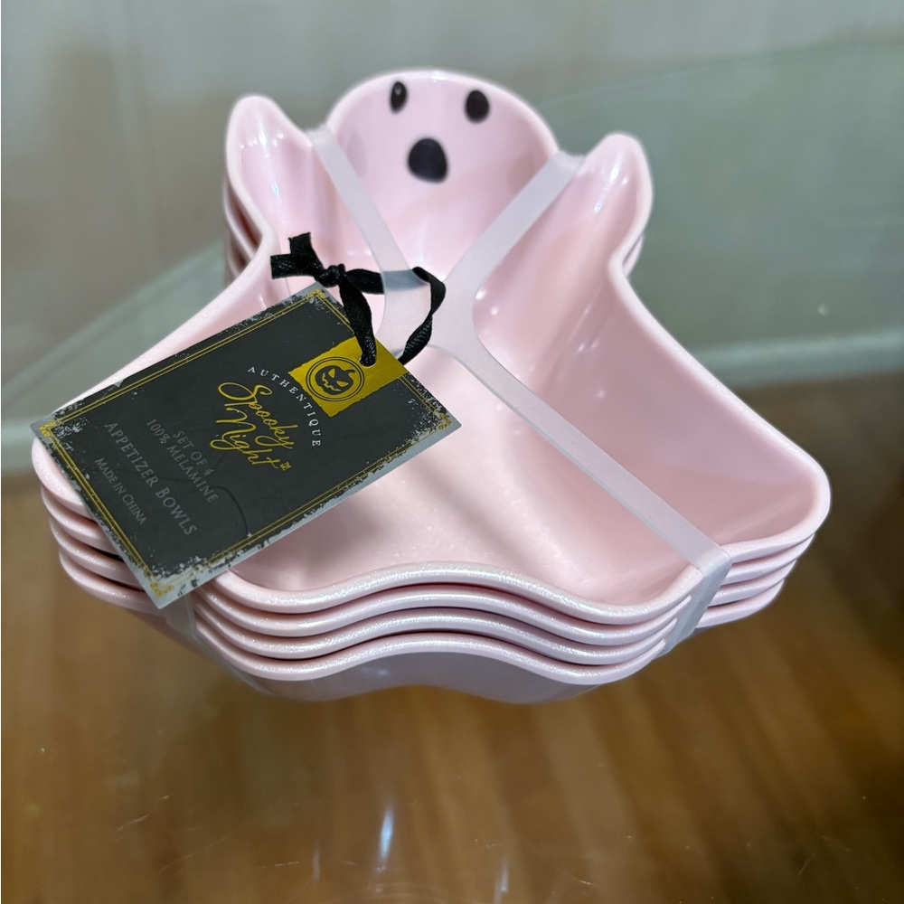 SPOOKY NIGHT Pink Halloween Ghost Melamine Appetizer (4) & 7” Bowl NWT